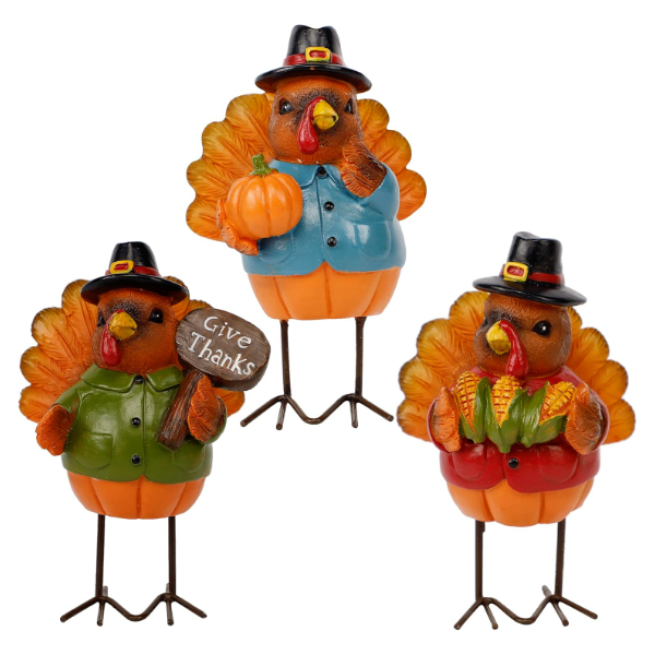 FORUP Thanksgiving Turkey Tabletop Centerpiece Decor, Set of 3 Resin Turkey Friends Decoration for Autumn Fall Thanksgiving Harvest Home Decorations