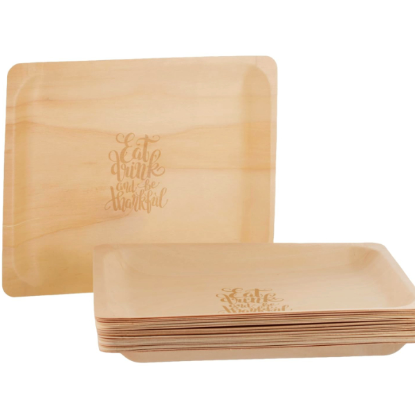 Disposable Wooden Plates with Thanksgiving Theme Print Eat, Drink, and be Thankful