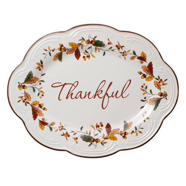 cream berry oval platter with words thankful in center