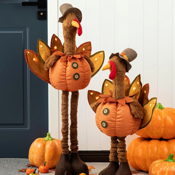 plush turkey orange and brown colors with telescoping legs extended standing