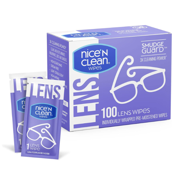 Box of individually wrapped eyeglass wipes