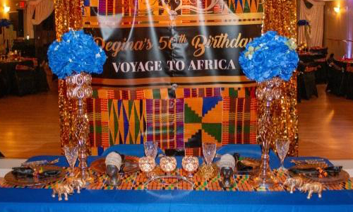 Voyage to Africa 50th birthday party culture mix colors