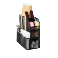 black mesh beverage organizer caddy for napkins, sugar packets and cups