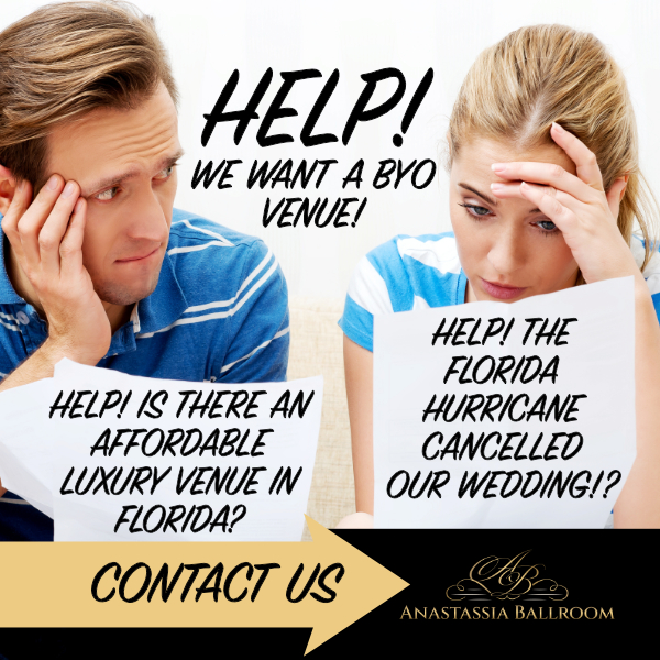 photo with stressed couple needing help with words help we want a byo venue help is there an affordable luxury venue in florida help the florida hurricane cancelled our wedding contact us